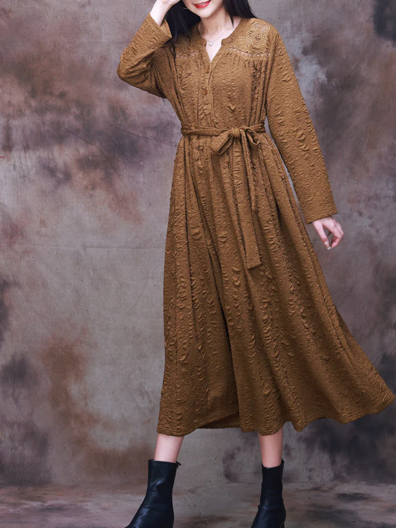 Vintage-Inspired Classic Belt Side Pockets A-Line Dress - Image 4