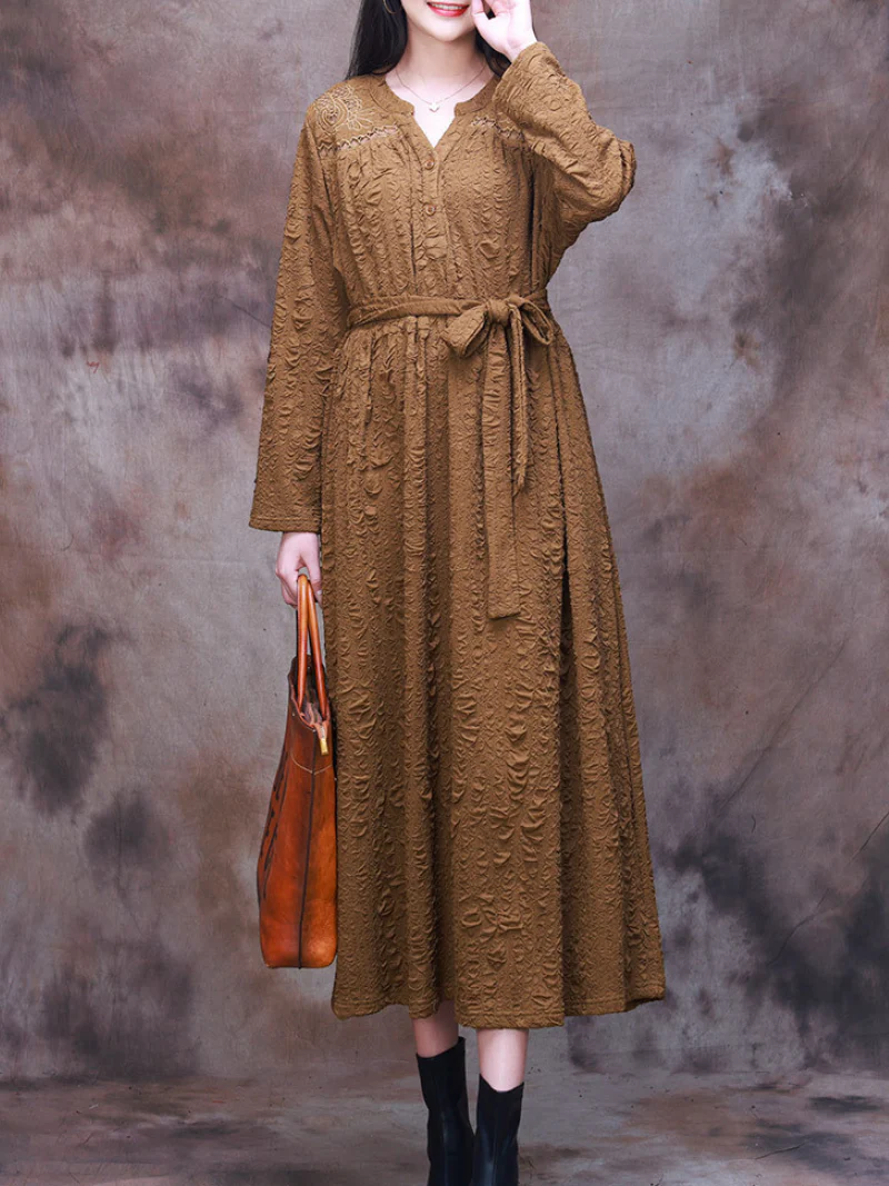 Vintage-Inspired Classic Belt Side Pockets A-Line Dress - Image 5