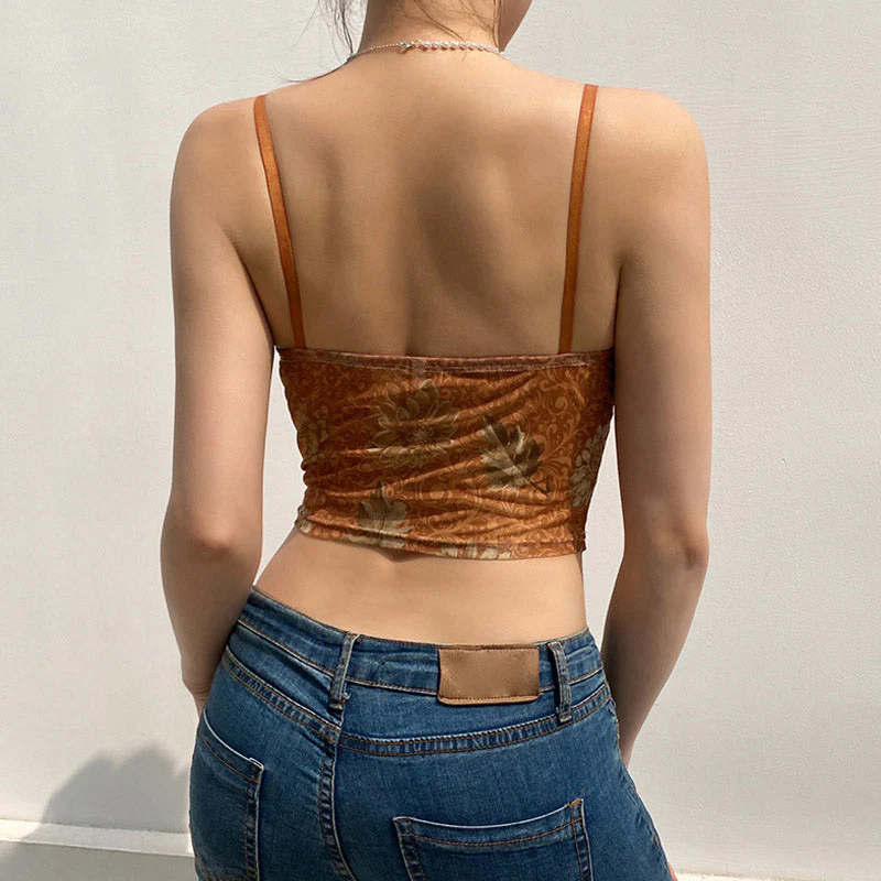 Vintage Lacy Sweetheart Neck Floral Printed Sheer Mesh Crop Tank Top - Brown - Image 4