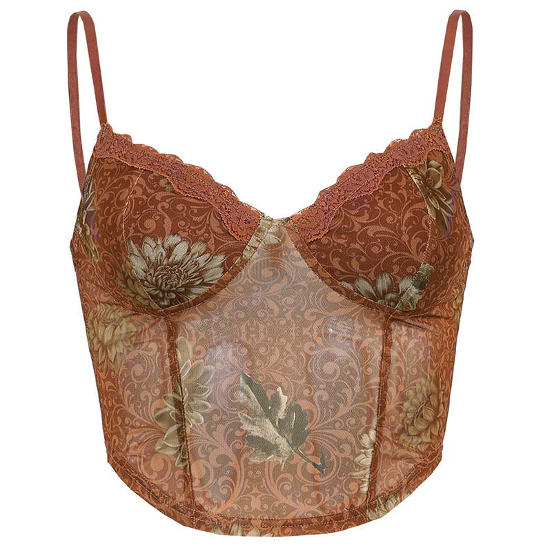 Vintage Lacy Sweetheart Neck Floral Printed Sheer Mesh Crop Tank Top - Brown - Image 5