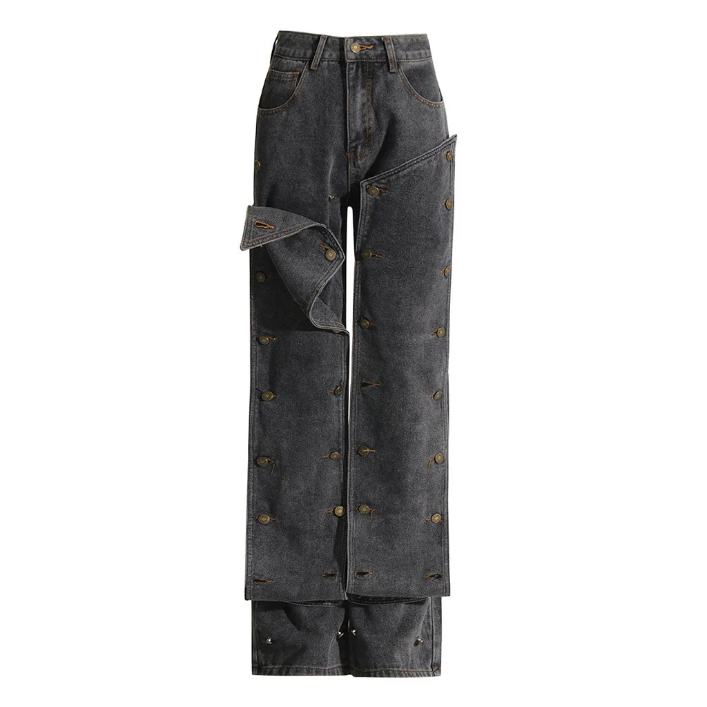 Vintage Layered Snap Off Button Straight Leg Dark Washed High Waist Denim Jeans - Image 4