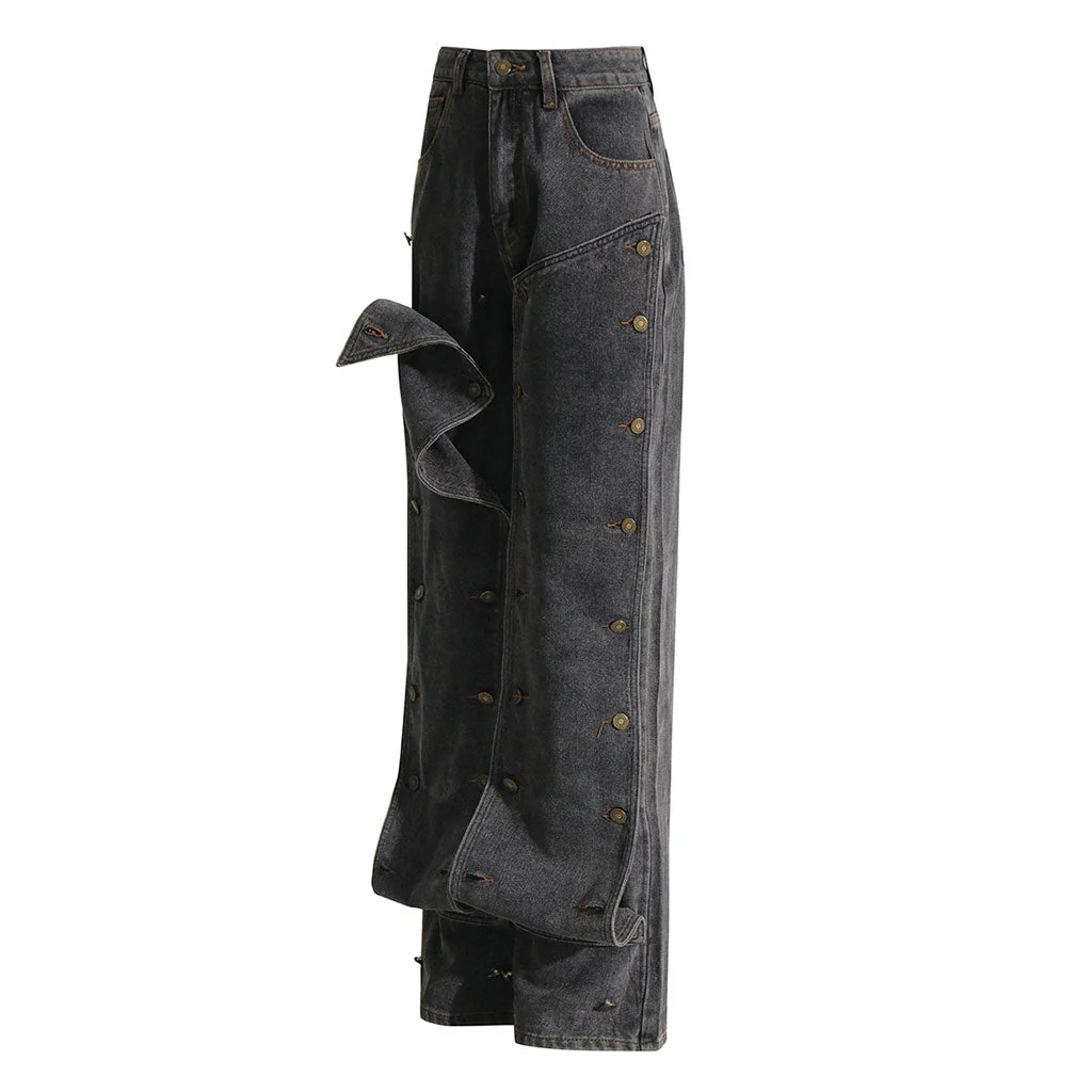 Vintage Layered Snap Off Button Straight Leg Dark Washed High Waist Denim Jeans - Image 5