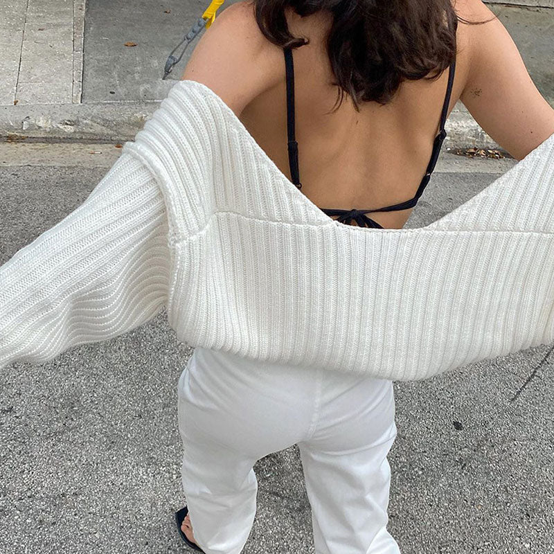 Vintage Long Sleeve Drop Shoulder Rib Knit Shrug Cardigan - White - Image 3