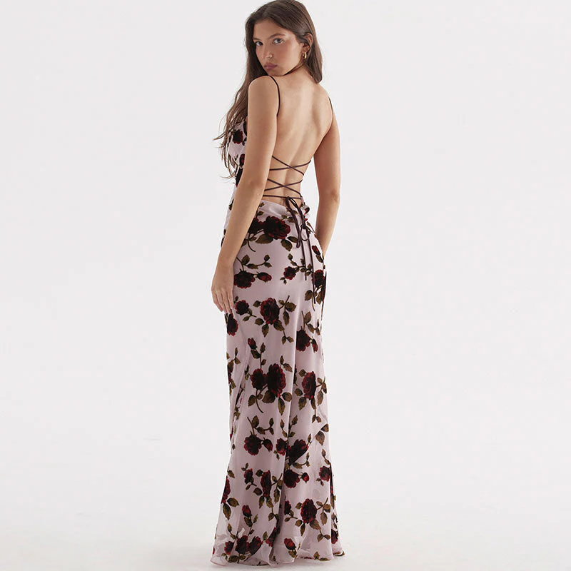 Vintage Mesh Flower Print Fishtail Drape Trim Lace Up Back Maxi Dress - Pink - Image 3