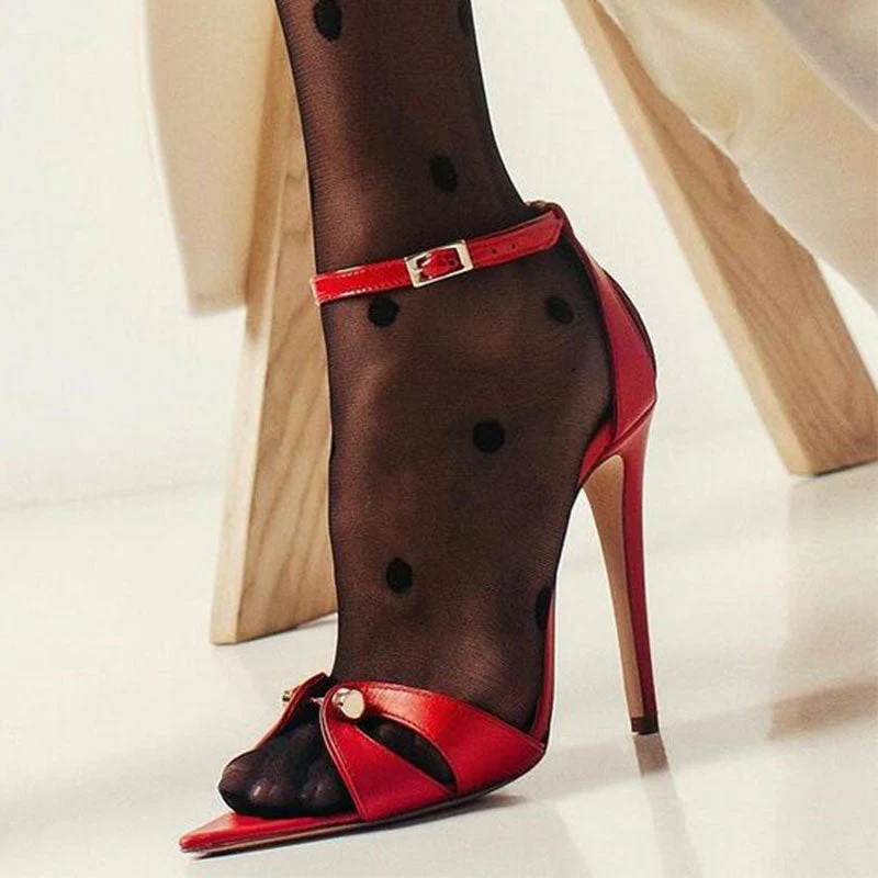 Vintage Metal Bar Detail Pointed Toe Ankle Strap Stiletto Pumps - Red - Image 2
