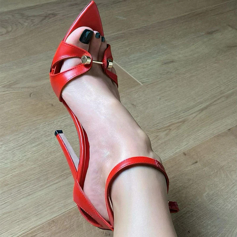 Vintage Metal Bar Detail Pointed Toe Ankle Strap Stiletto Pumps - Red - Image 3