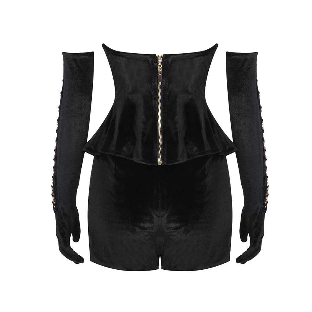 Vintage O Ring Full Glove Velvet Strapless Top Low Rise Short Matching Set - Image 5