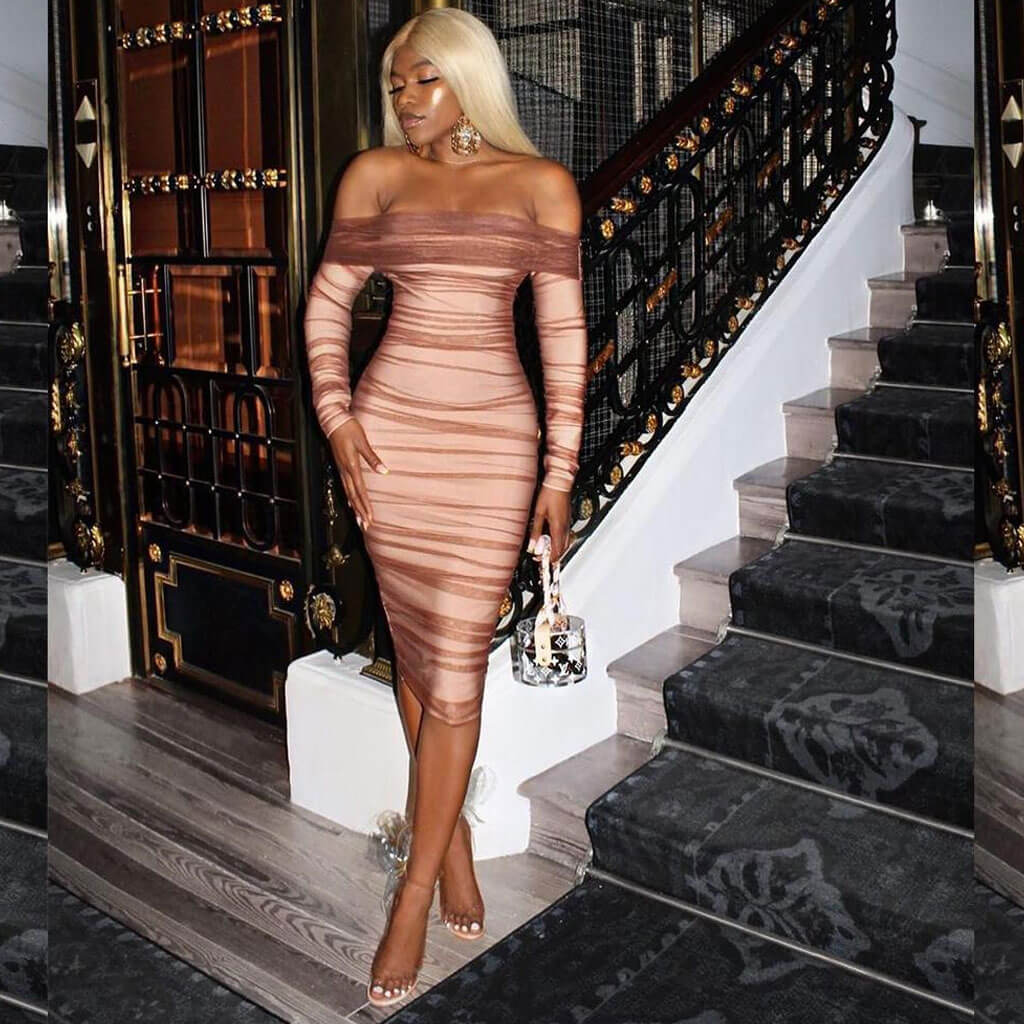 Vintage Off Shoulder Long Sleeve Mesh Ruched Bodycon Cocktail Bandage Midi Dress - Image 2