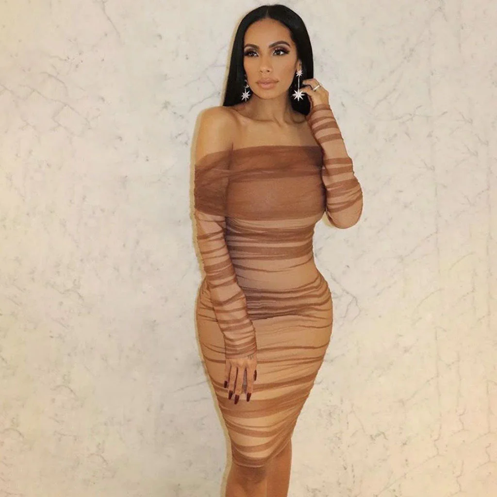 Vintage Off Shoulder Long Sleeve Mesh Ruched Bodycon Cocktail Bandage Midi Dress - Image 3
