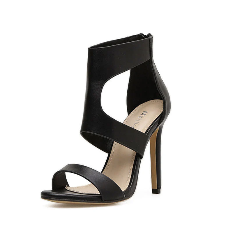 Vintage Open Toe Cutout Ankle Length High Heel Sandals - Black - Image 2