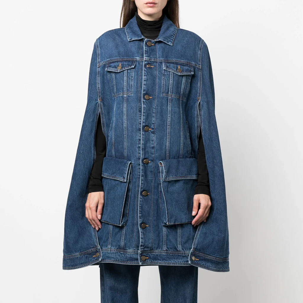Vintage Oversized Single Breasted Cargo Pocket Long Cape Distressed Denim Coat - Image 2