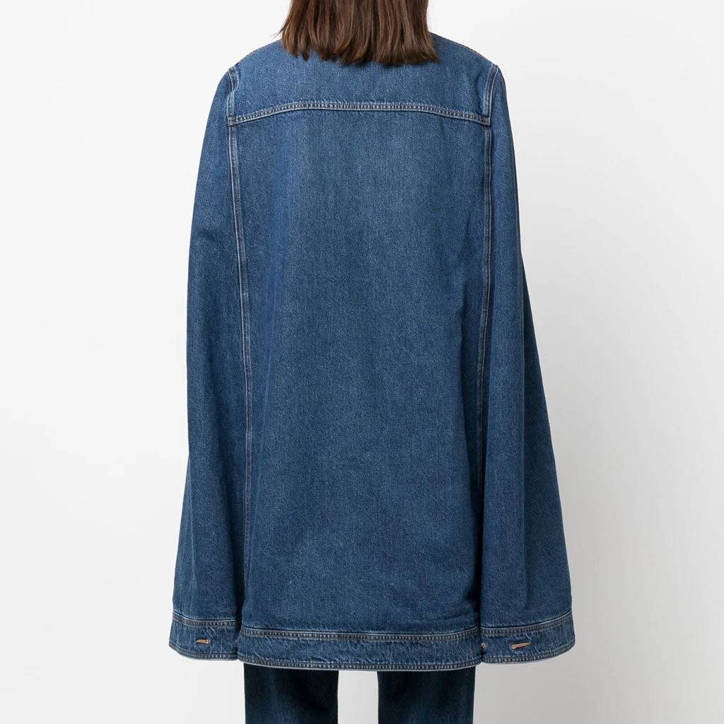 Vintage Oversized Single Breasted Cargo Pocket Long Cape Distressed Denim Coat - Image 3