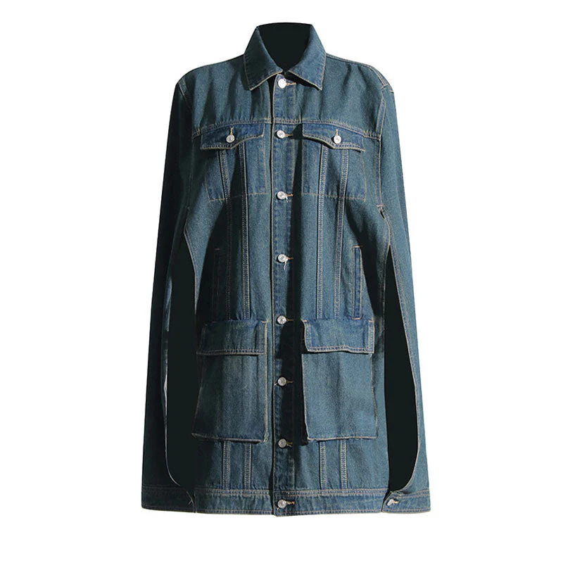 Vintage Oversized Single Breasted Cargo Pocket Long Cape Distressed Denim Coat - Image 4
