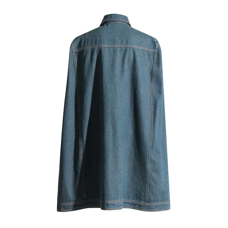 Vintage Oversized Single Breasted Cargo Pocket Long Cape Distressed Denim Coat - Image 5