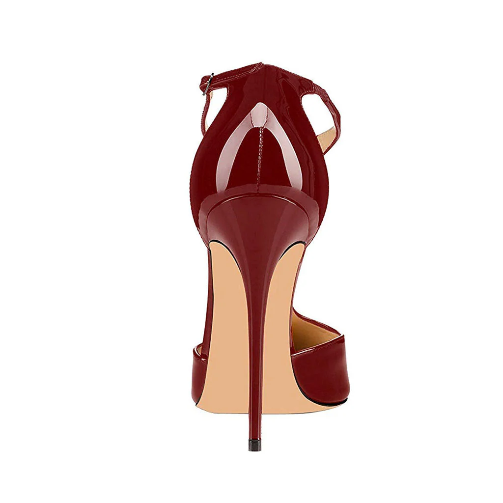 Vintage Patent Leather Pointed Toe T Strap Stiletto Pumps - Burgundy - Image 3