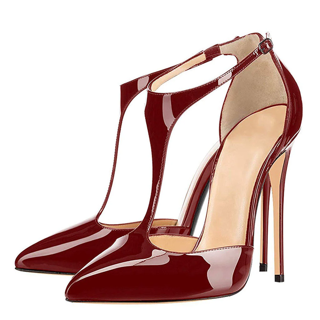 Vintage Patent Leather Pointed Toe T Strap Stiletto Pumps - Burgundy - Image 4