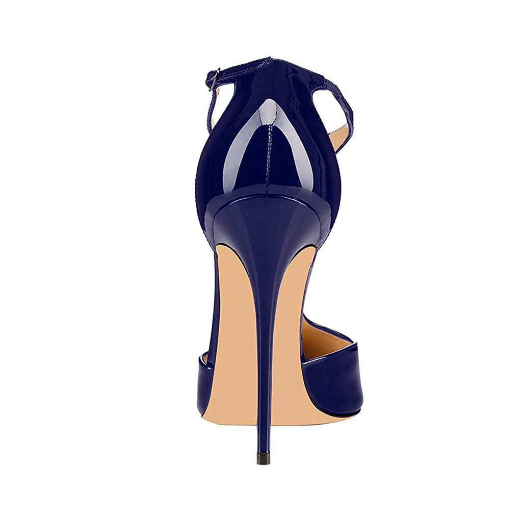 Vintage Patent Leather Pointed Toe T Strap Stiletto Pumps - Navy Blue - Image 2