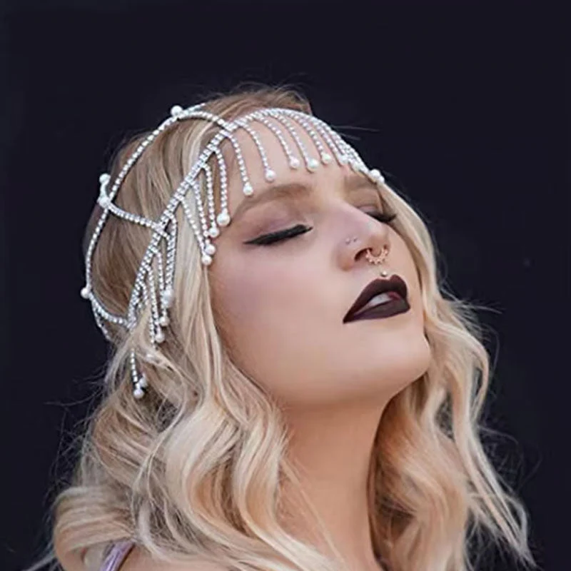 Vintage Faux Pearl Beaded Rhinestone Caged Tassel Flapper Headpiece - Silver - Image 3
