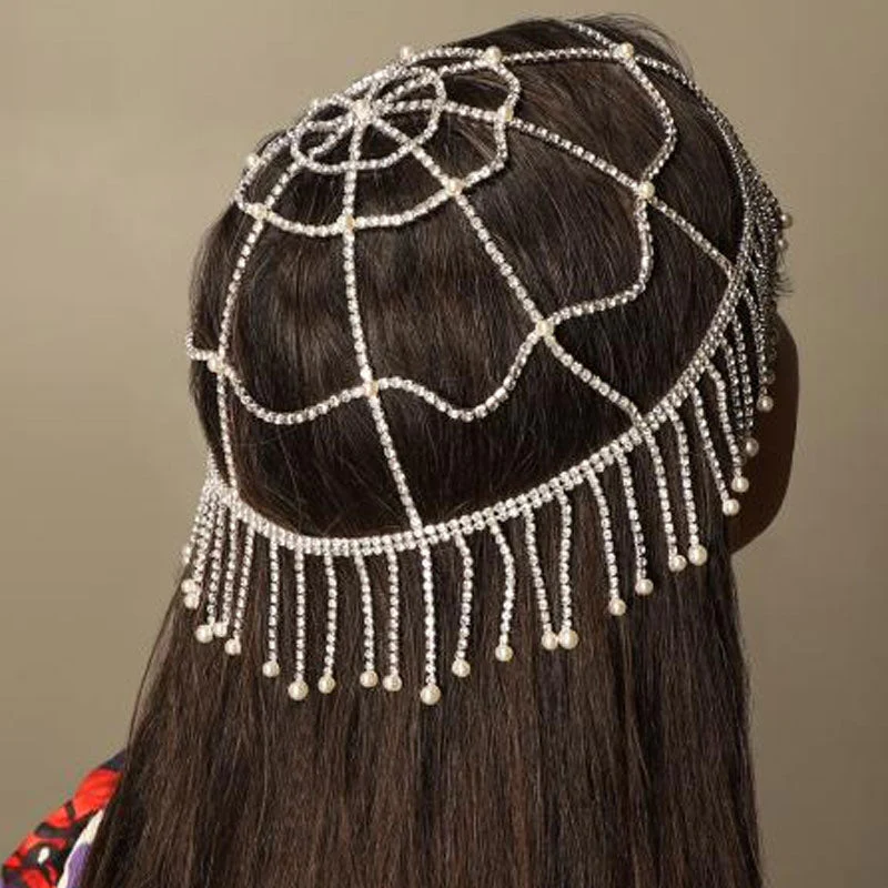 Vintage Faux Pearl Beaded Rhinestone Caged Tassel Flapper Headpiece - Silver - Image 4
