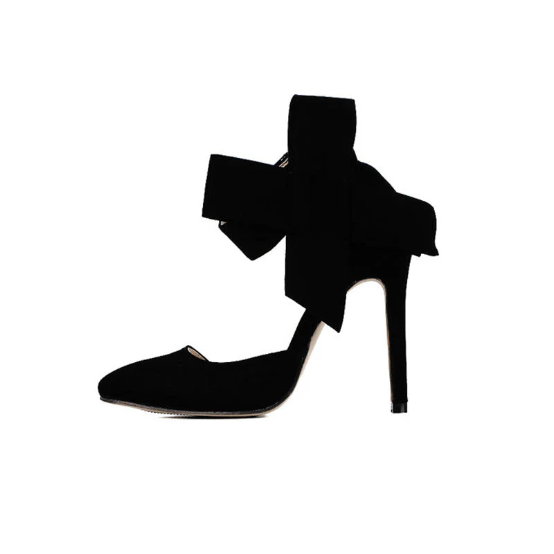 Vintage Pointed Toe Ankle Strap Suede Stiletto Butterfly Heels - Black - Image 4