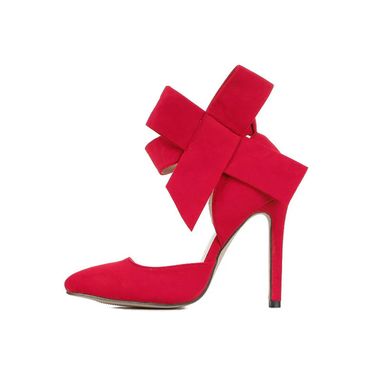 Vintage Pointed Toe Ankle Strap Suede Stiletto Butterfly Heels - Red - Image 3