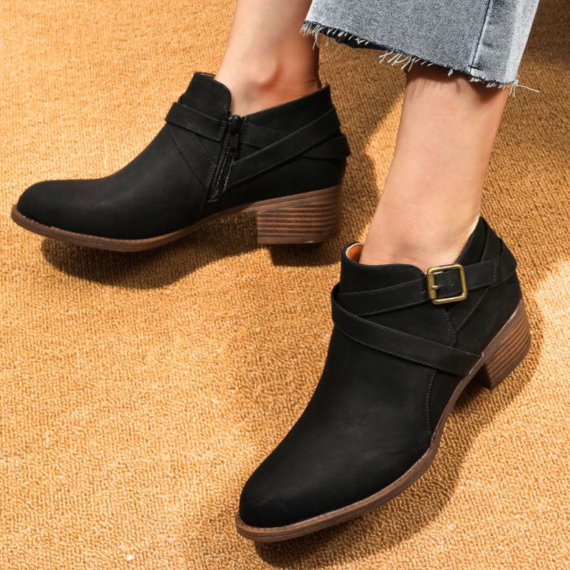 Vintage Pointed Toe Block Heel Buckle Strap Suede Ankle Boots - Black - Image 2