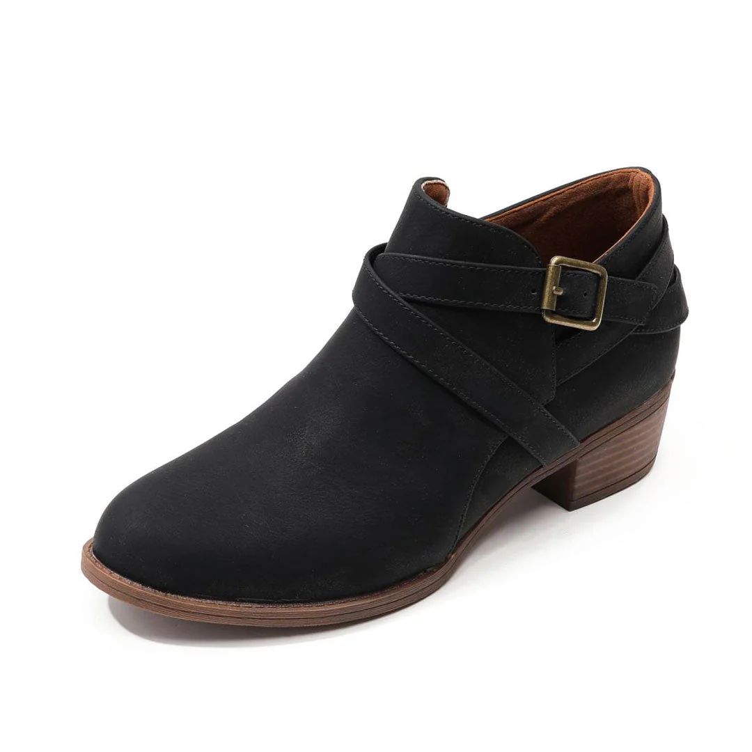Vintage Pointed Toe Block Heel Buckle Strap Suede Ankle Boots - Black - Image 4