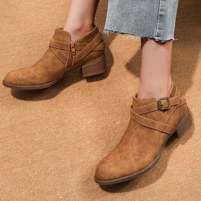 Vintage Pointed Toe Block Heel Buckle Strap Suede Ankle Boots - Brown - Image 2