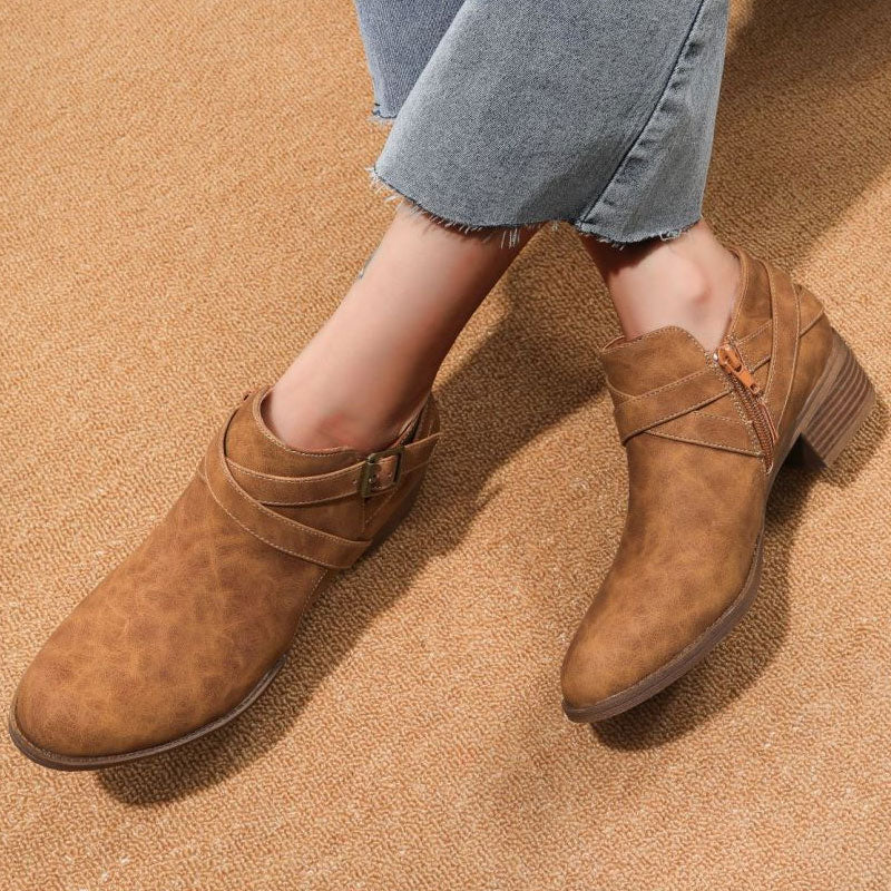 Vintage Pointed Toe Block Heel Buckle Strap Suede Ankle Boots - Brown - Image 3