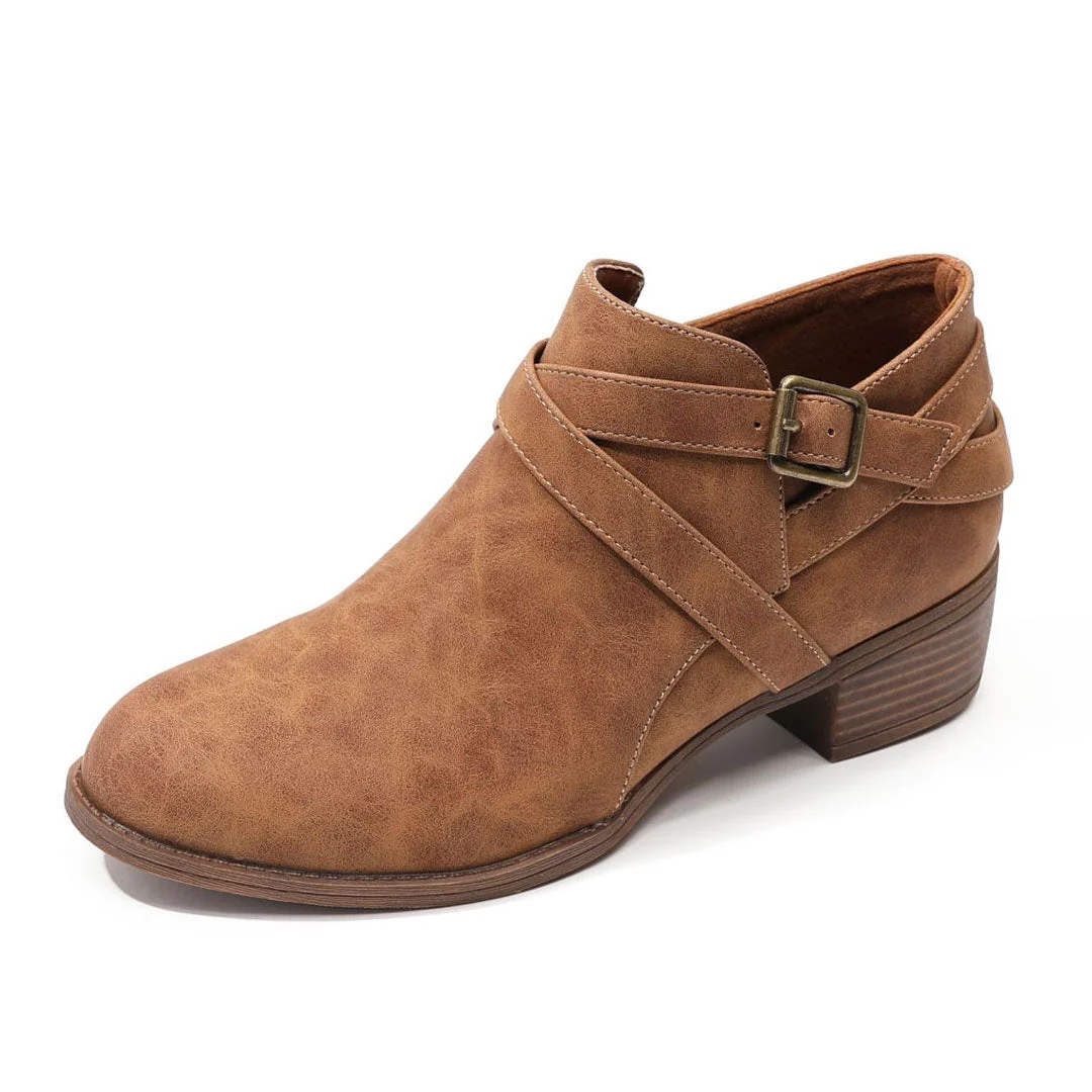 Vintage Pointed Toe Block Heel Buckle Strap Suede Ankle Boots - Brown - Image 4