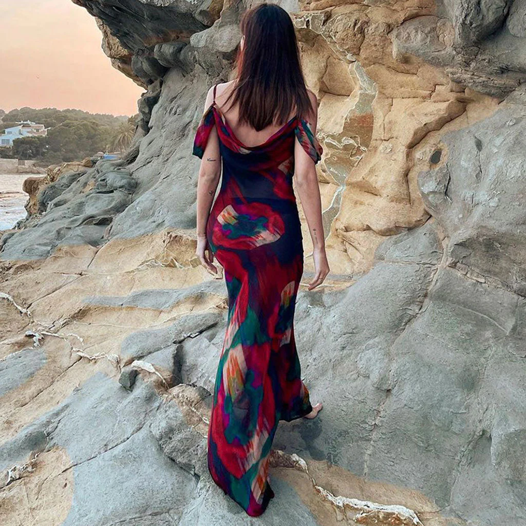 Vintage Print Cowl Neck Cold Shoulder Vacation Maxi Dress - Red - Image 2