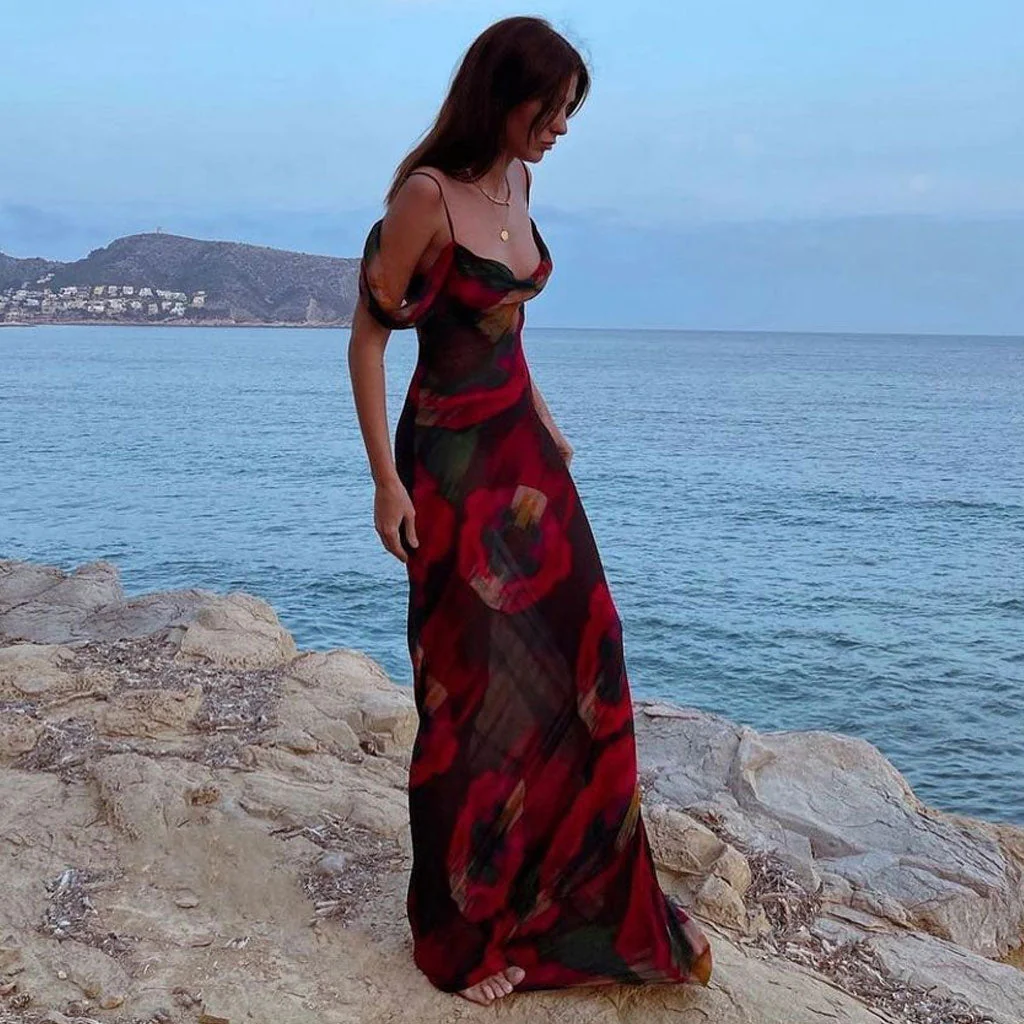 Vintage Print Cowl Neck Cold Shoulder Vacation Maxi Dress - Red - Image 3