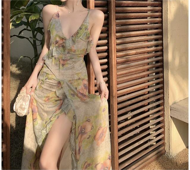 Vintage Print Halter Neck Fishtail Trim Sleeveless Maxi Dress - Apricot - Image 4