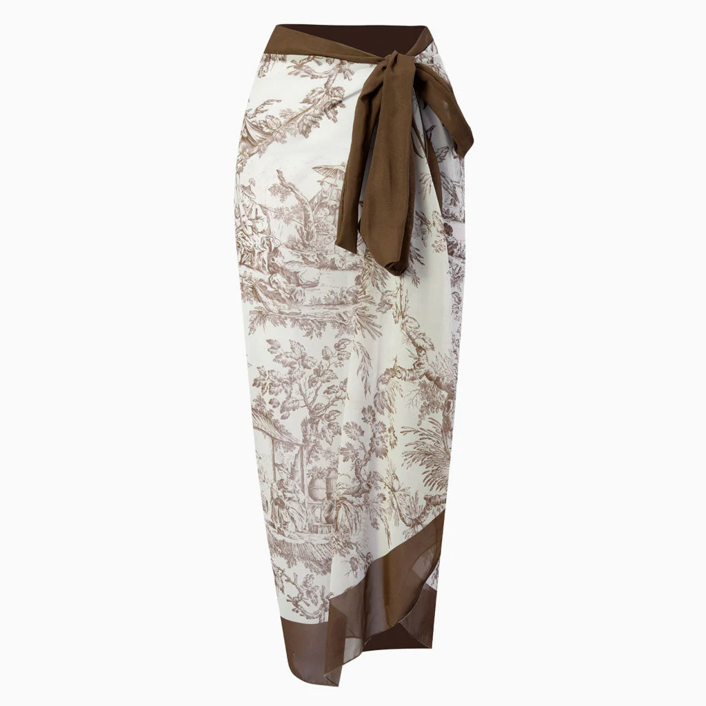 Vintage Print High Waist Chiffon Bow Tie Side Maxi Wrap Sarong Cover Up - Image 3