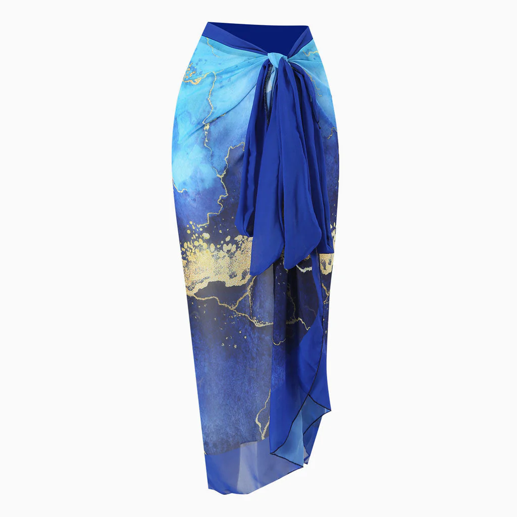 Vintage Print High Waist Chiffon Bow Tie Side Maxi Wrap Sarong Cover Up - Image 4