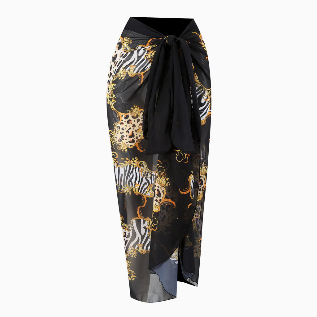 Vintage Print High Waist Chiffon Bow Tie Side Maxi Wrap Sarong Cover Up - Image 5