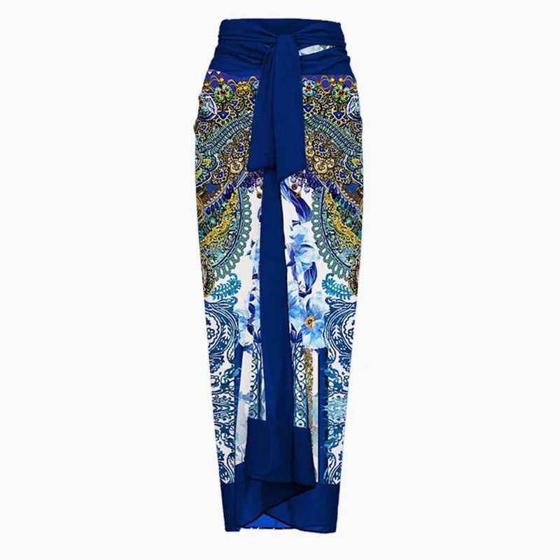 Vintage Print High Waist Chiffon Bow Tie Side Split Maxi Wrap Sarong Cover Up - Image 7