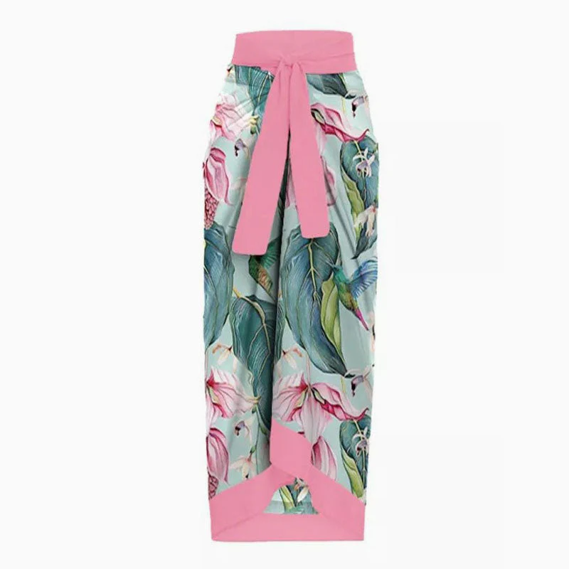 Vintage Printed High Waist Bow Tie Chiffon Maxi Wrap Sarong Cover Up - Image 10