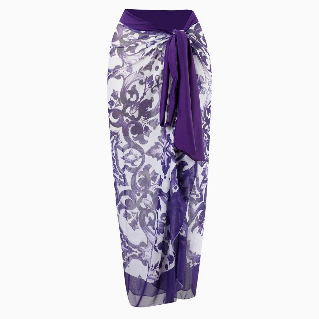 Vintage Printed High Waist Bow Tie Chiffon Maxi Wrap Sarong Cover Up - Image 11