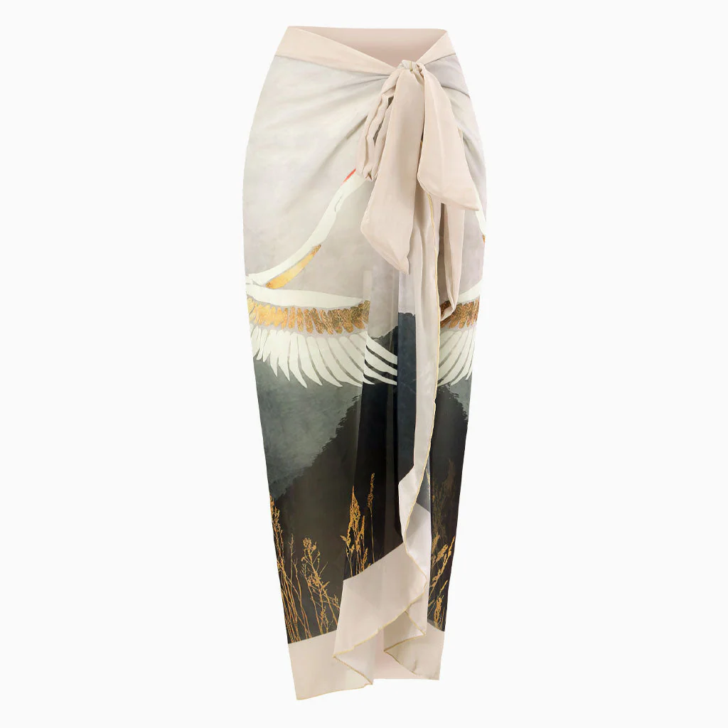 Vintage Printed High Waist Bow Tie Chiffon Maxi Wrap Sarong Cover Up - Image 14