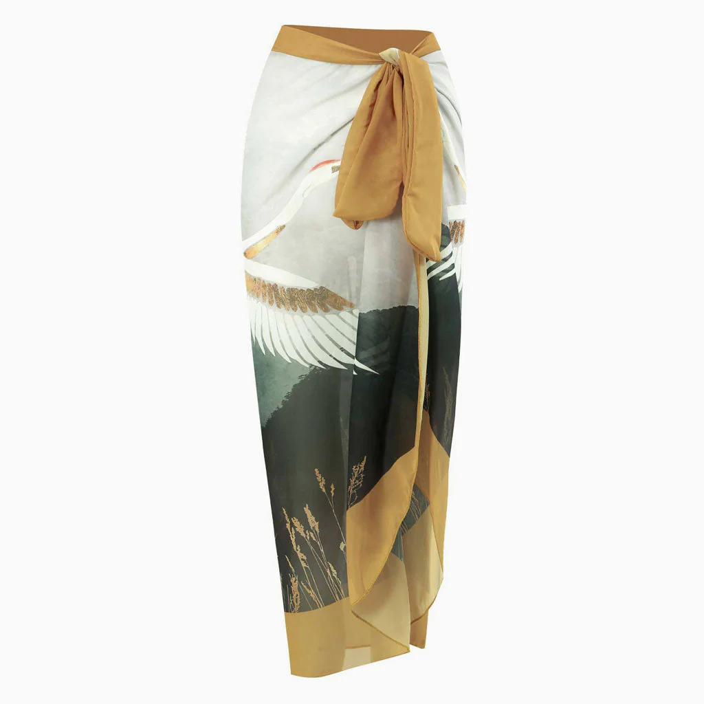 Vintage Printed High Waist Bow Tie Chiffon Maxi Wrap Sarong Cover Up - Image 15