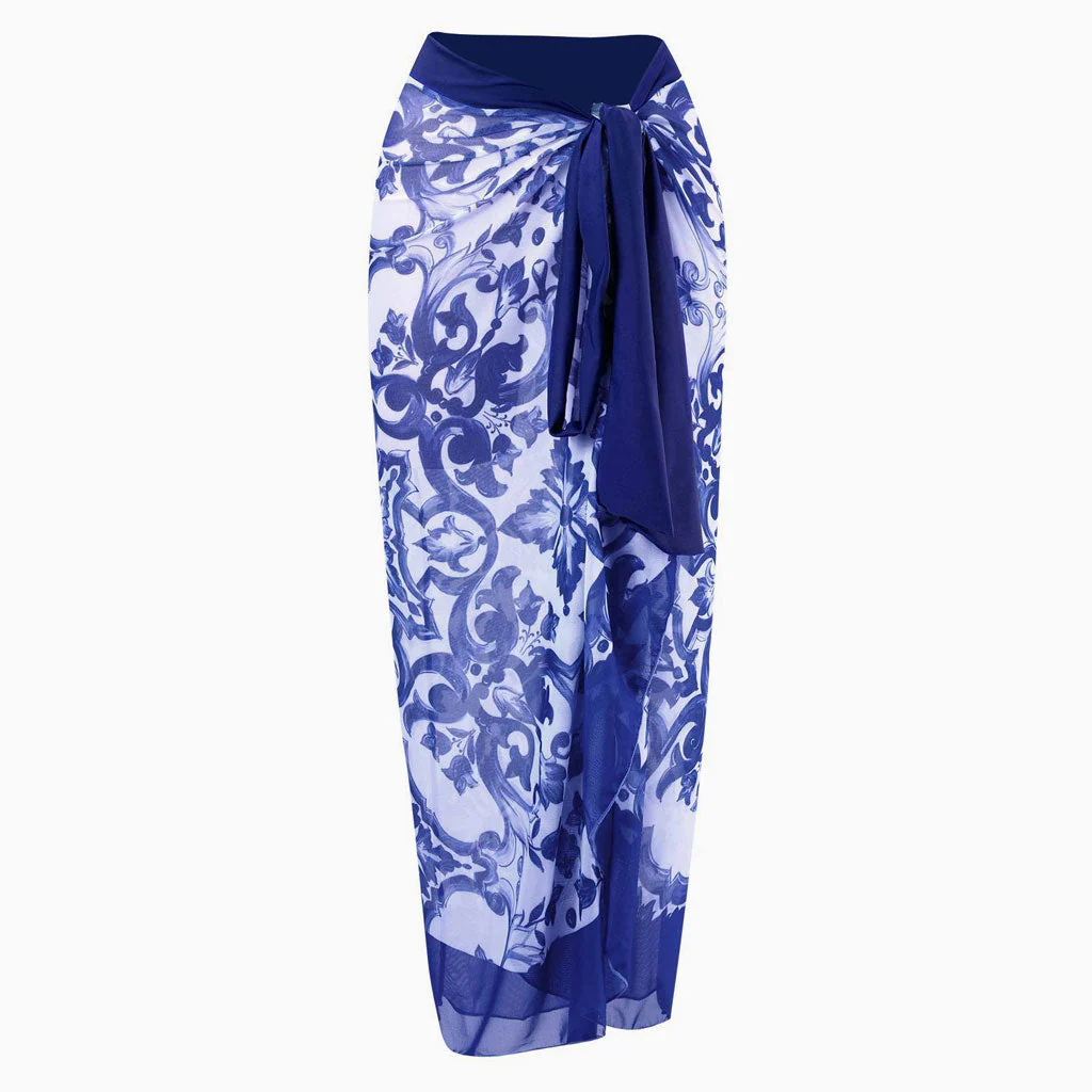 Vintage Printed High Waist Bow Tie Chiffon Maxi Wrap Sarong Cover Up - Image 3