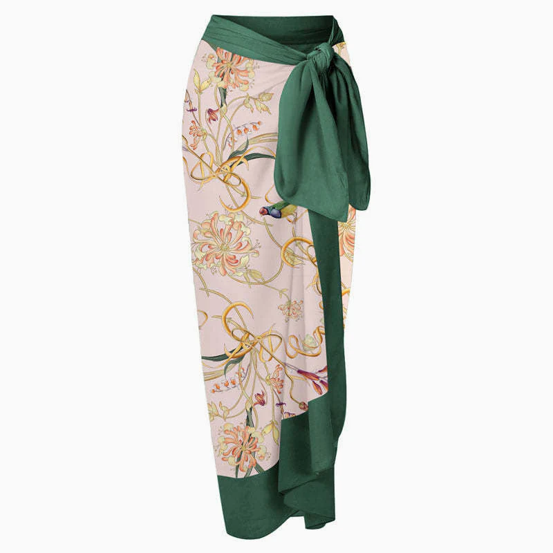 Vintage Printed High Waist Bow Tie Chiffon Maxi Wrap Sarong Cover Up - Image 4