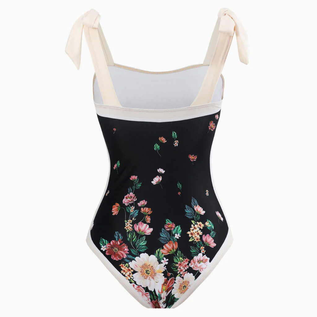 Vintage Printed Moderate Bow Tie Strap Square Neck One  Piece Swimsuit - Image 10