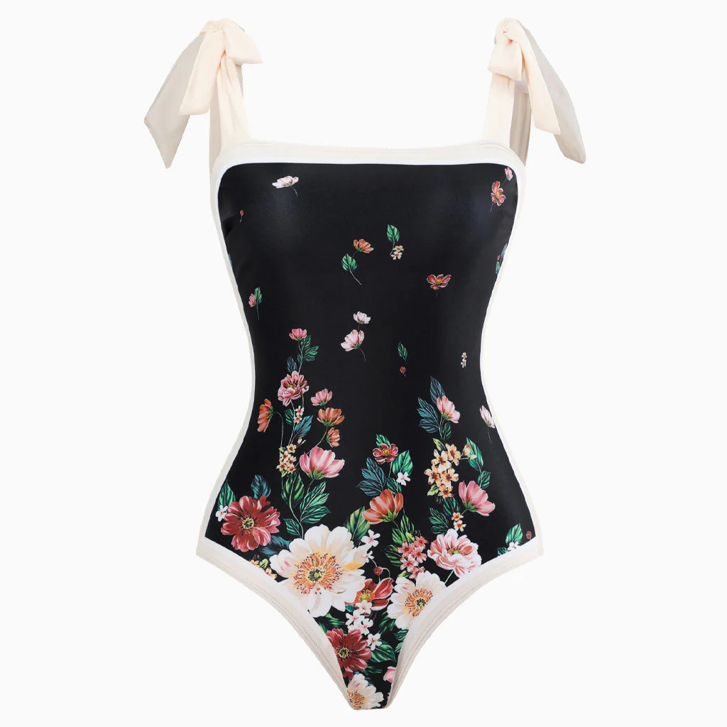 Vintage Printed Moderate Bow Tie Strap Square Neck One  Piece Swimsuit - Image 2