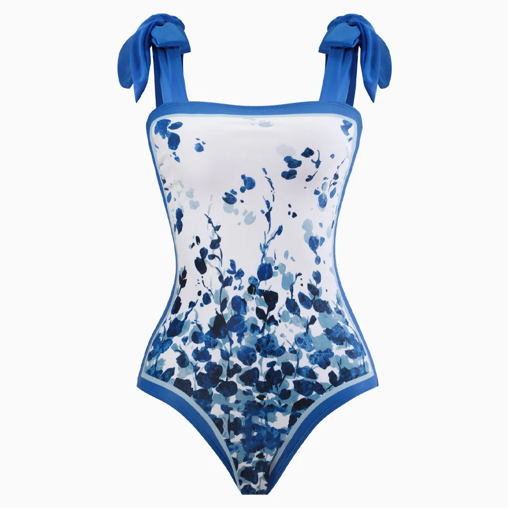 Vintage Printed Moderate Bow Tie Strap Square Neck One  Piece Swimsuit - Image 3
