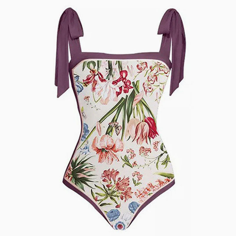 Vintage Printed Moderate Bow Tie Strap Square Neck One  Piece Swimsuit - Image 4