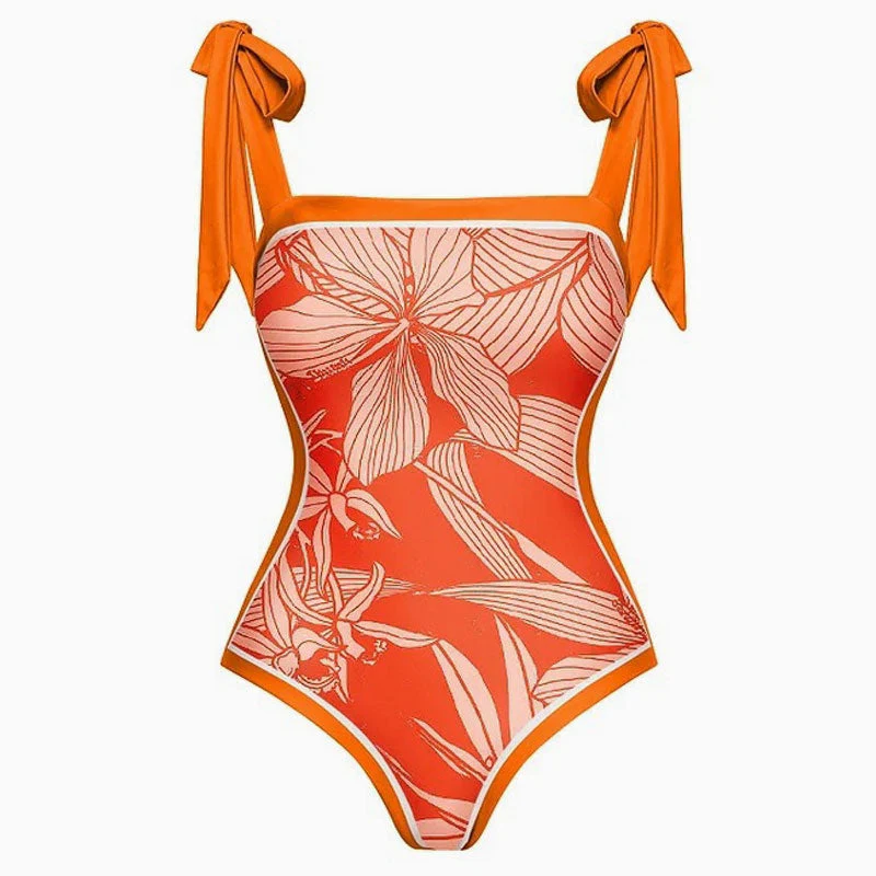 Vintage Printed Moderate Bow Tie Strap Square Neck One  Piece Swimsuit - Image 5