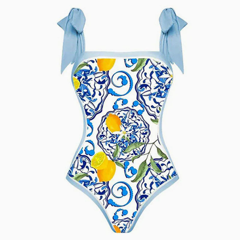 Vintage Printed Moderate Bow Tie Strap Square Neck One  Piece Swimsuit - Image 6
