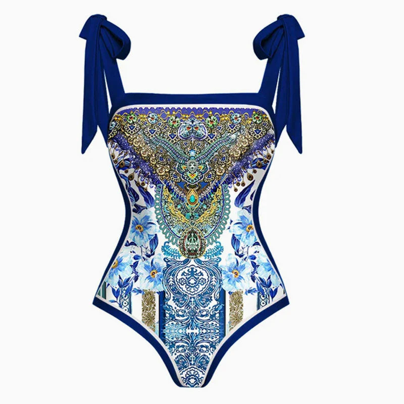 Vintage Printed Moderate Bow Tie Strap Square Neck One  Piece Swimsuit - Image 7
